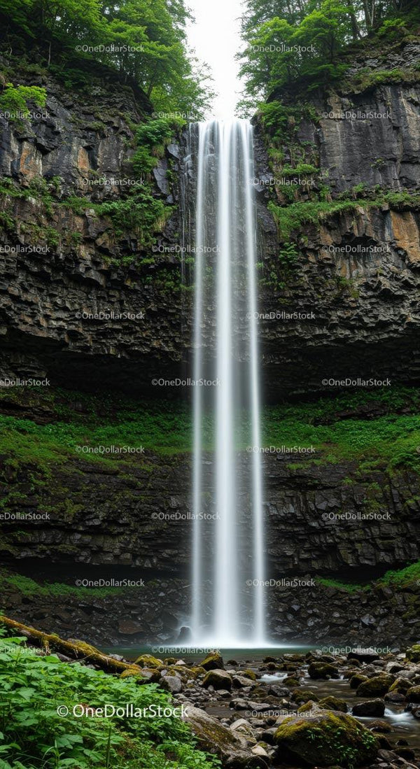 Majestic Waterfall Amidst Lush Greenery and Rocky Cliffs