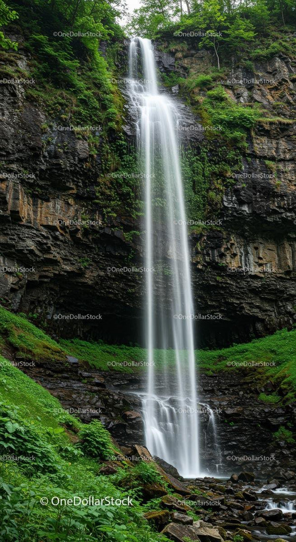 Majestic Waterfall Cascading Through Lush Greenery