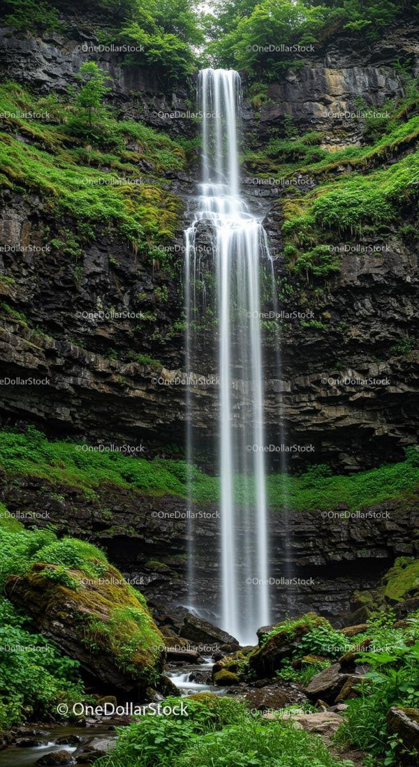 Majestic Waterfall in Lush Green Forest Setting