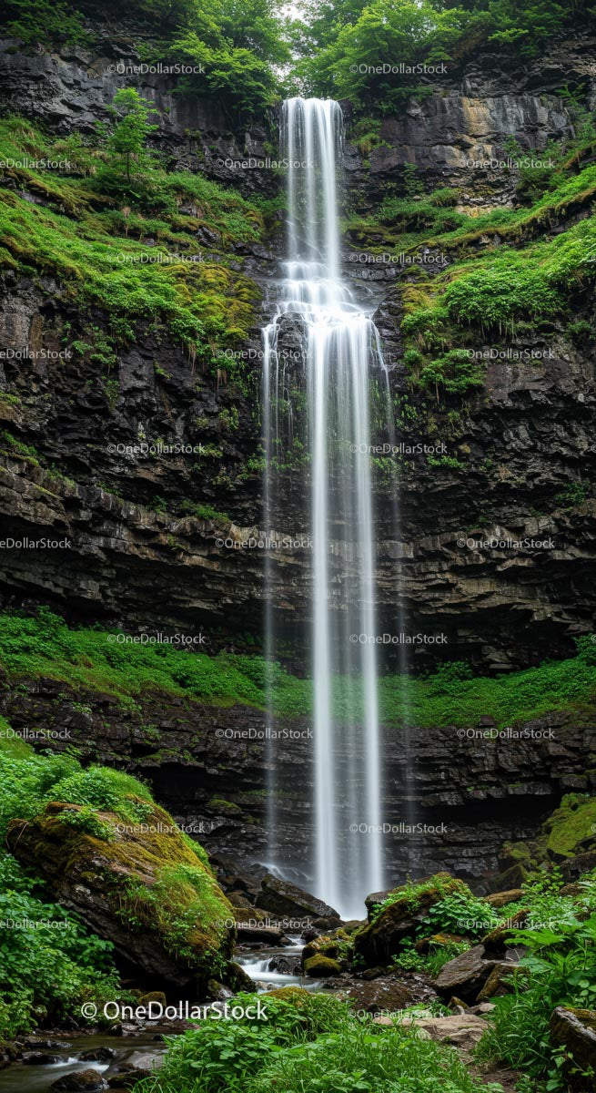 Majestic Waterfall in Lush Green Forest Setting