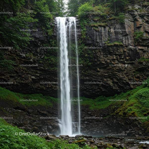 Majestic Waterfall Surrounded by Lush Greenery