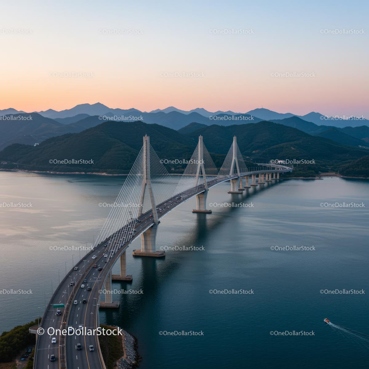 Spectacular Suspension Bridge at Sunset Over Calm Waters