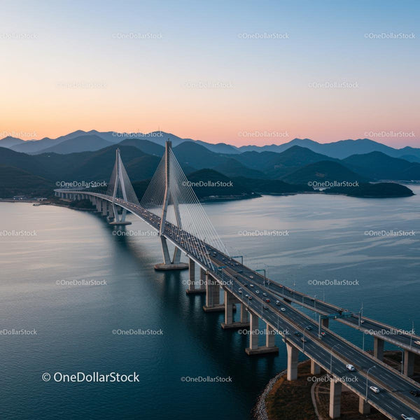 Sunset Over a Majestic Bridge and Serene Mountains