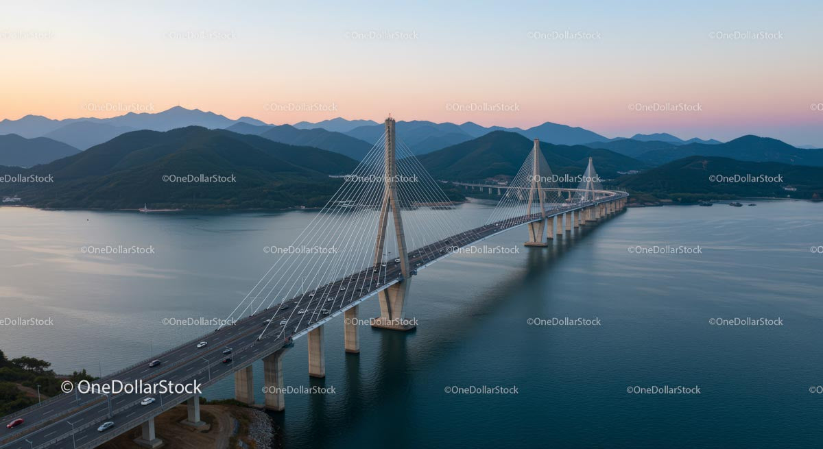 Scenic Suspension Bridge at Dusk with Mountain Backdrop