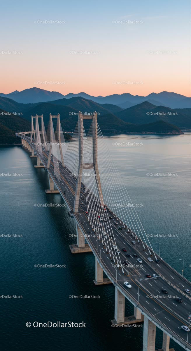 Sunset Over Suspension Bridge and Mountain View