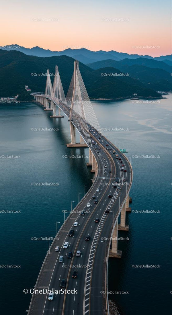 Majestic Suspension Bridge at Twilight Over Calm Waters