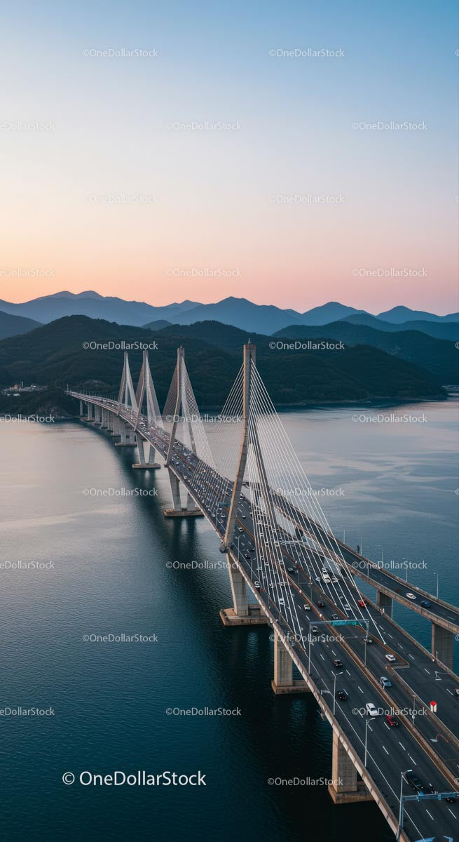 Cable-Stayed Bridge over Serene Waters at Sunset