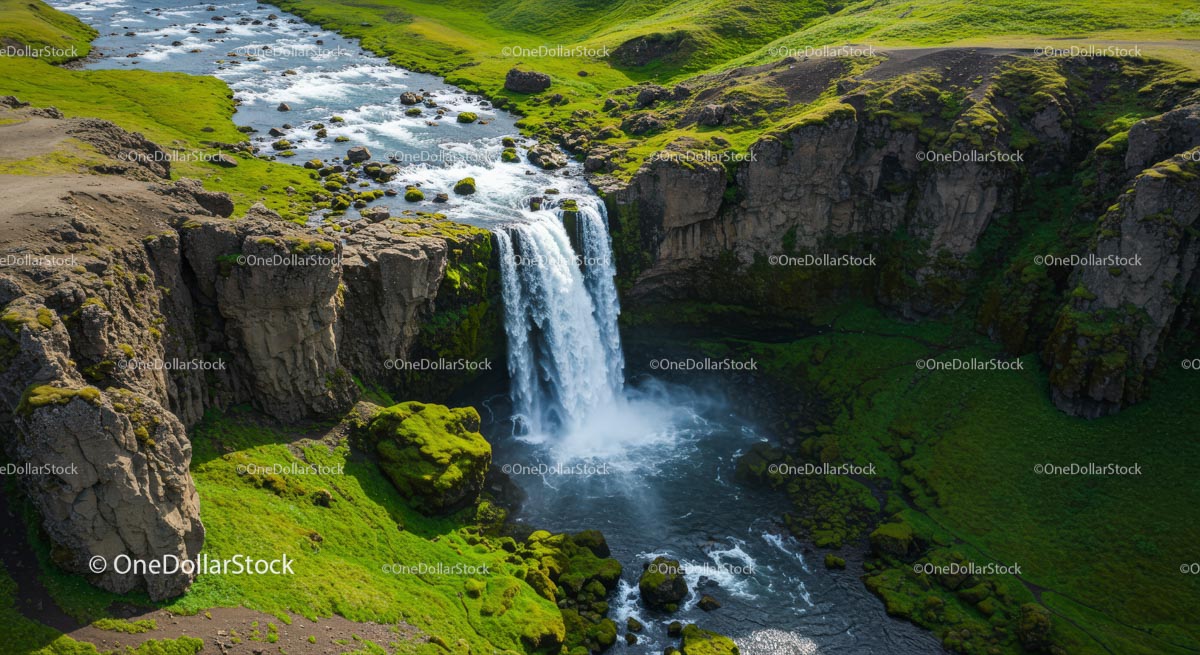 Waterfall Cascading Over Mossy Cliffs in Lush Green Valley