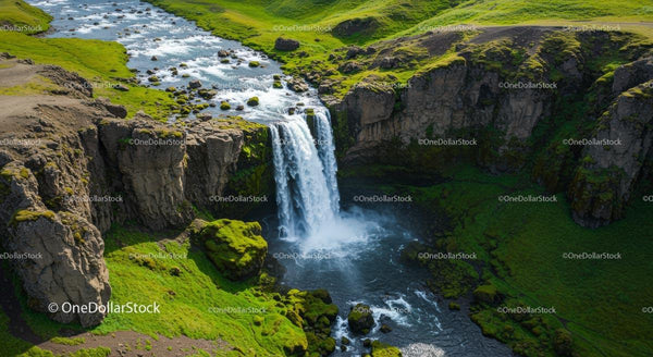 Waterfall Cascading Over Mossy Cliffs in Lush Green Valley