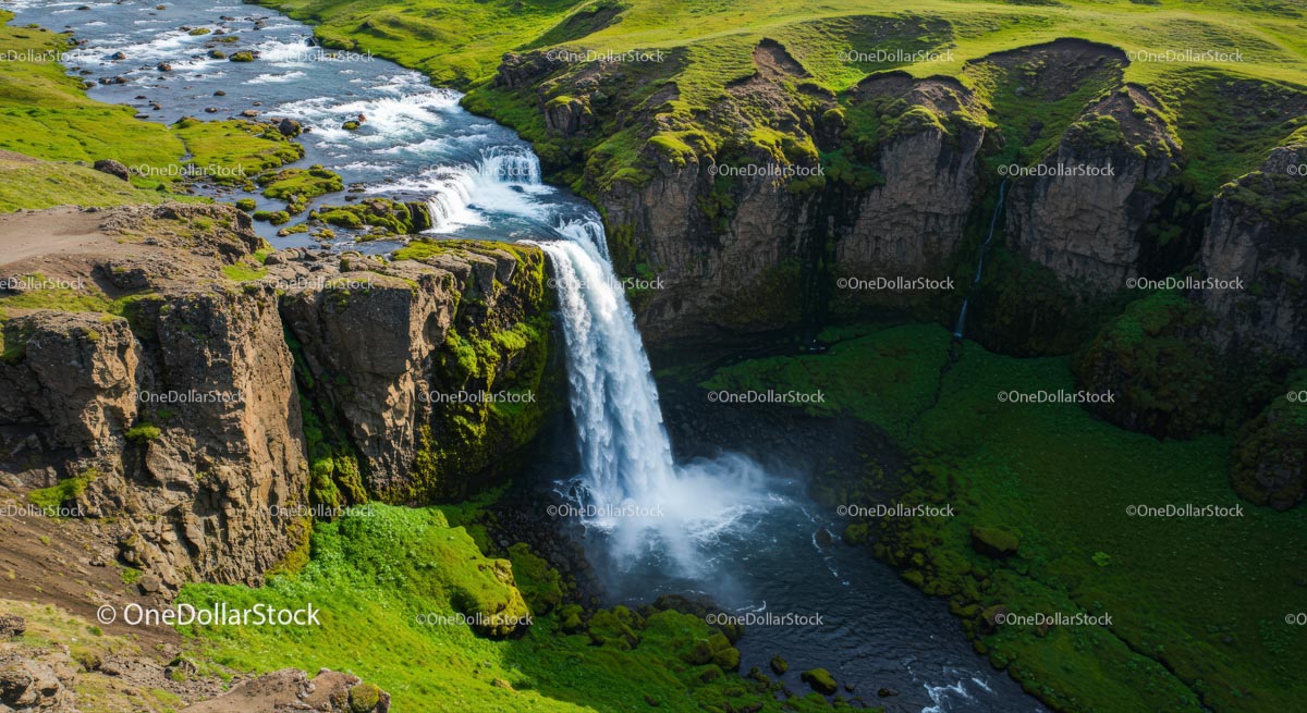 Majestic Waterfall Surrounded by Lush Greenery