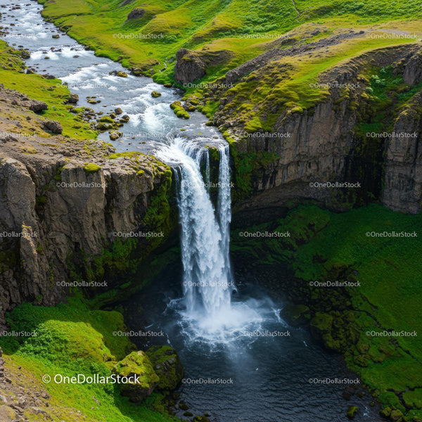 Majestic Waterfall Cascading Over Lush Green Cliffs