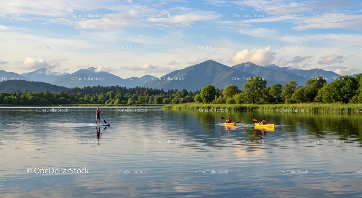 Paddleboarding i kajakarstwo na spokojnym górskim jeziorze