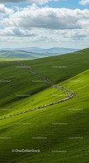 Flock of Sheep Grazing on Stunning Green Hills Under Blue Sky