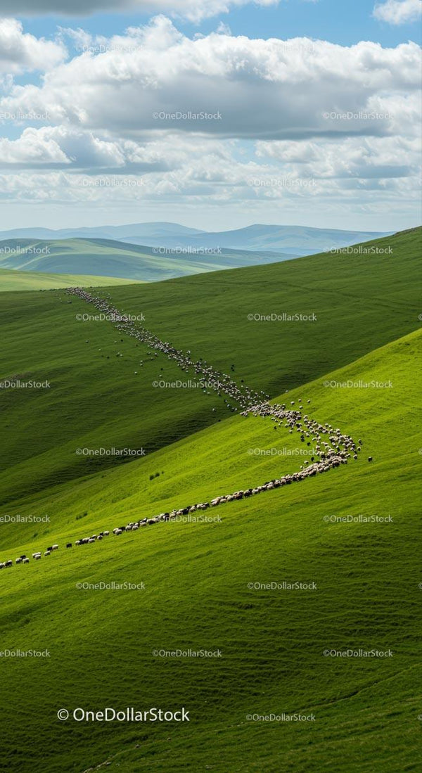 Flock of Sheep Grazing on Stunning Green Hills Under Blue Sky