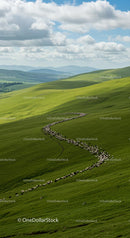 Flock of Sheep Grazing on Rolling Green Hills