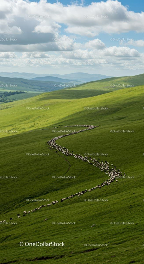 Flock of Sheep Grazing on Rolling Green Hills