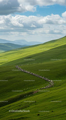 Flock of Sheep Grazing on Lush Green Hills under Blue Sky