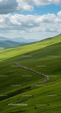Flock of Sheep Grazing on Lush Green Hills under Blue Sky