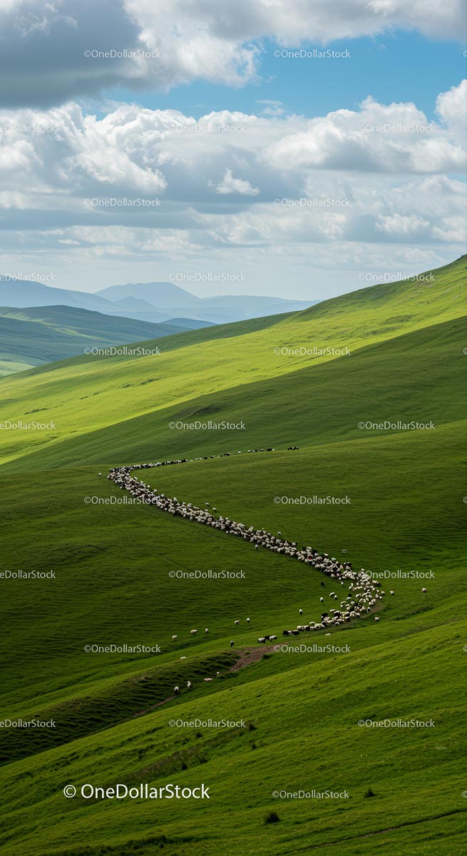 Flock of Sheep Grazing on Lush Green Hills under Blue Sky