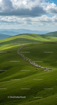 Sheep Herd Grazing on Lush Rolling Hills