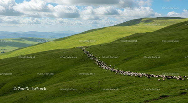 Flock of Sheep Grazing on Rolling Green Hills
