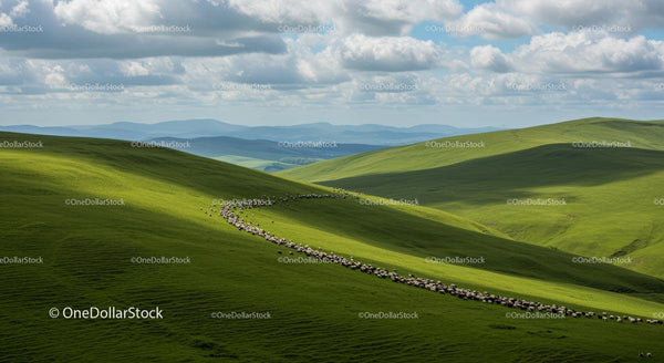 Sheep Flock Grazing on Rolling Green Hills Under Blue Sky