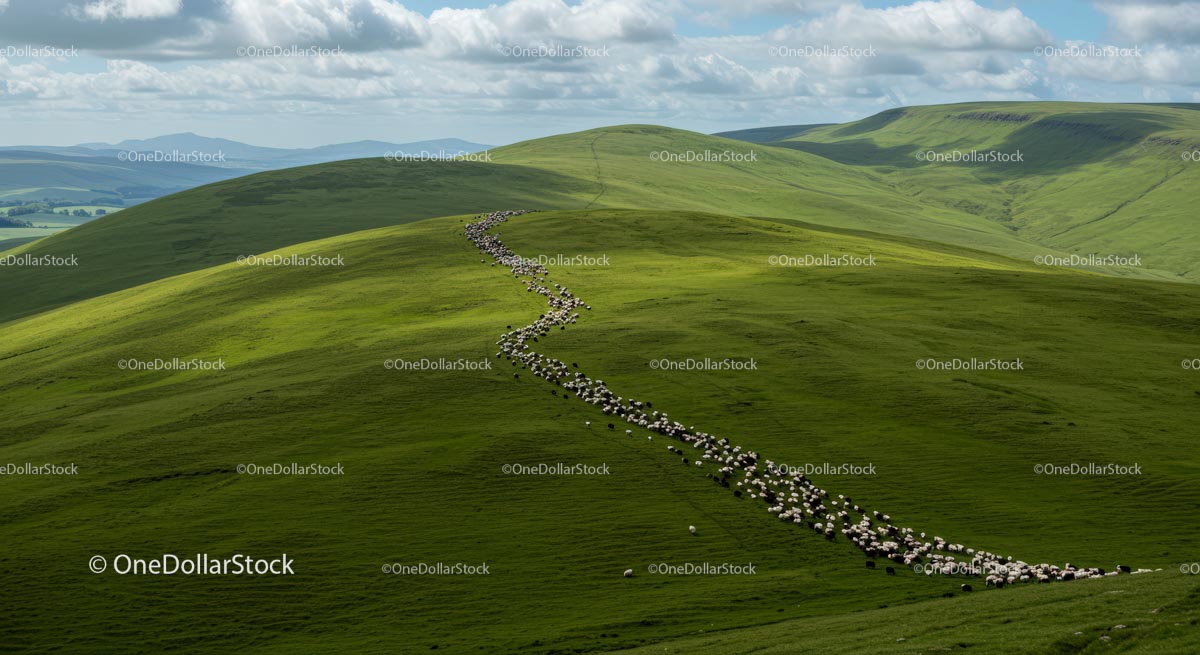Herd of Sheep Grazing on Lush Green Rolling Hills