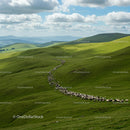 Sheep Herding Across Rolling Green Hills Under Cloudy Sky