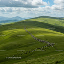 Sheep Grazing on Rolling Green Hills Under Blue Sky