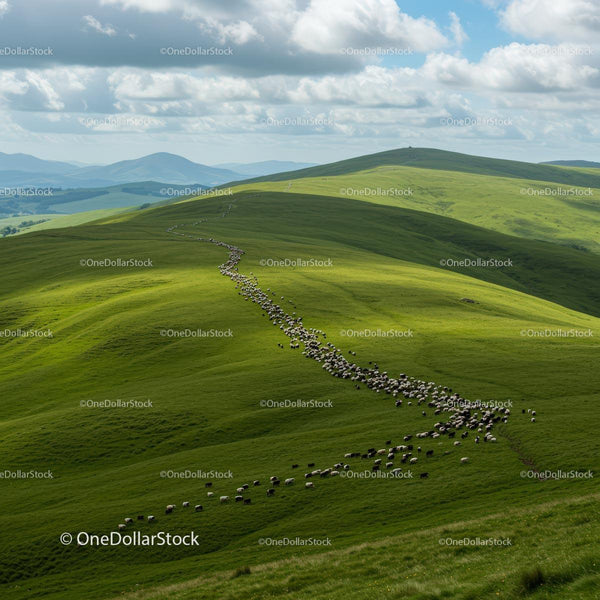 Sheep Grazing on Rolling Green Hills Under Blue Sky