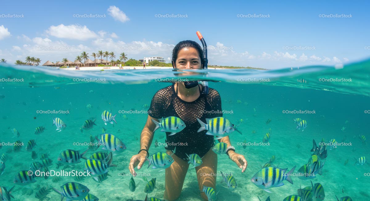 Woman Snorkeling with Colorful Fish in Tropical Waters