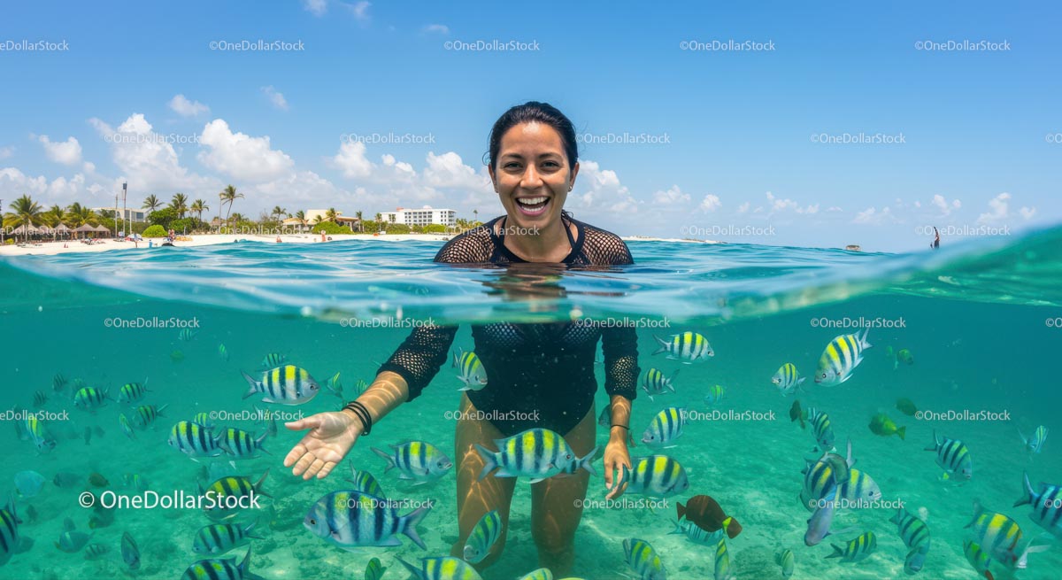 Smiling Woman Snorkeling in Tropical Waters with Colorful Fish