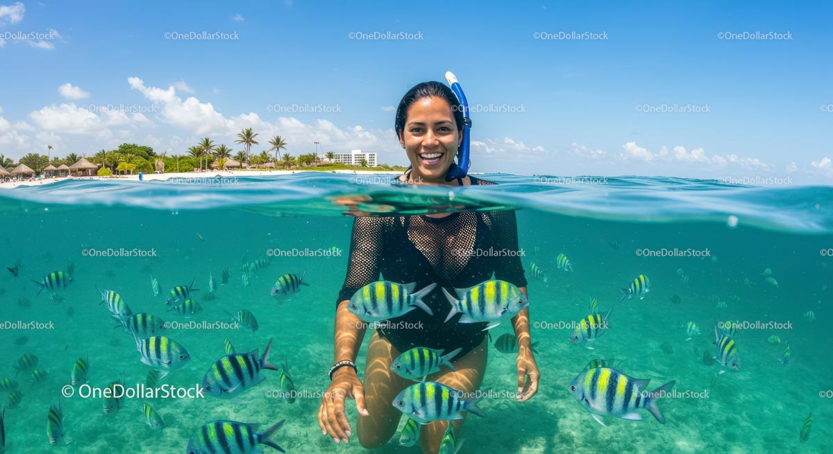 Woman Snorkeling with Tropical Fish in Crystal Clear Waters