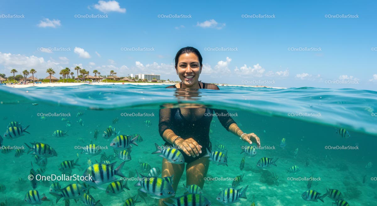 Woman Snorkeling with Tropical Fish in Clear Azure Waters
