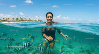 Woman Snorkeling with Tropical Fish in Clear Azure Waters