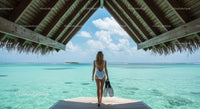 Woman in Swimsuit Enjoying Tropical Bungalow View