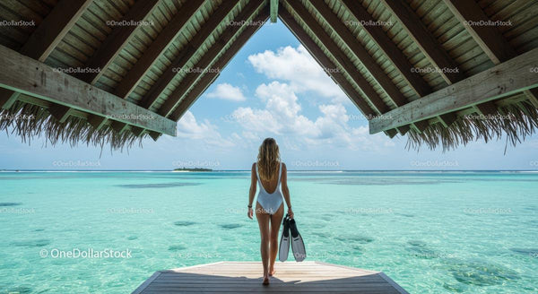 Woman in Swimsuit Enjoying Tropical Bungalow View