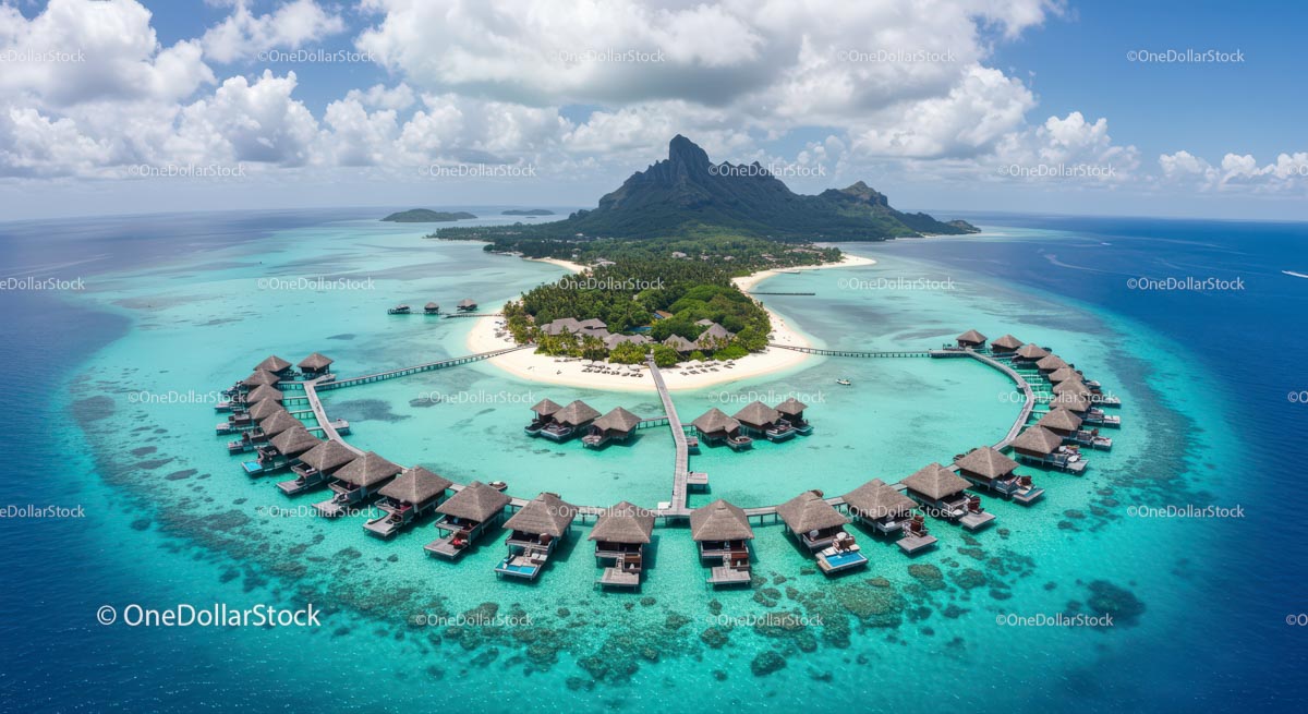 Aerial View of Tropical Island with Overwater Bungalows