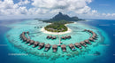 Aerial View of Tropical Island with Overwater Bungalows
