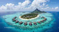 Aerial View of Tropical Island with Overwater Bungalows