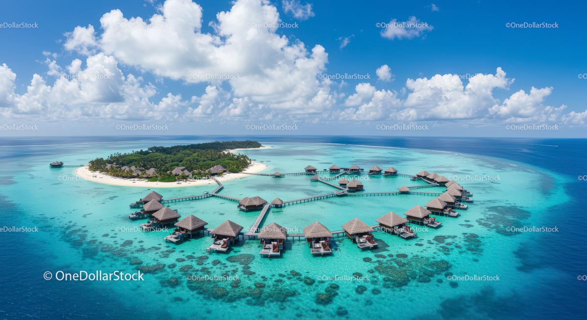 Aerial View of Tropical Island with Overwater Bungalows