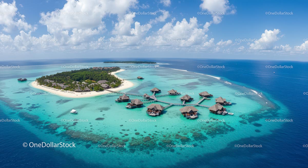 Aerial View of Tropical Island with Overwater Bungalows