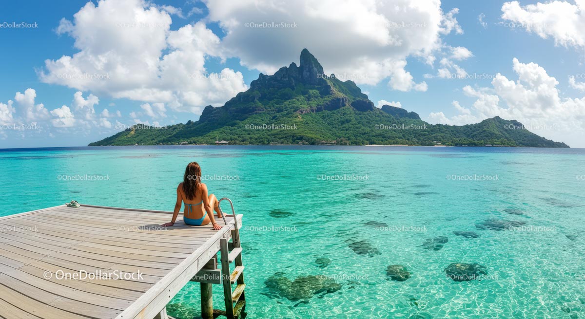 Woman Relaxing on Dock with Stunning Island View