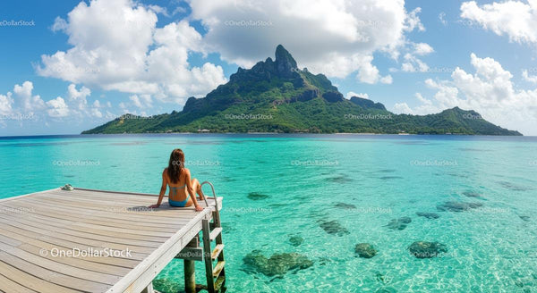 Woman Relaxing on Dock with Stunning Island View