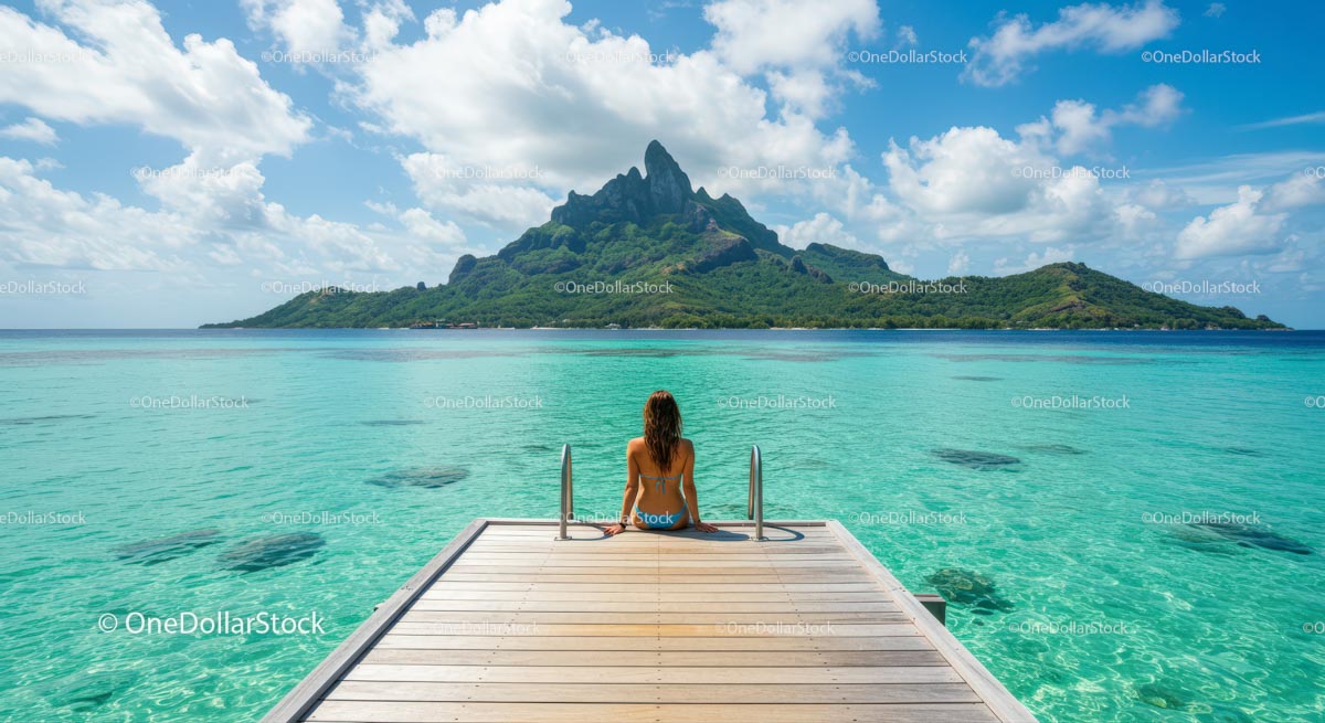 Woman Relaxing on Pier with Stunning Island View