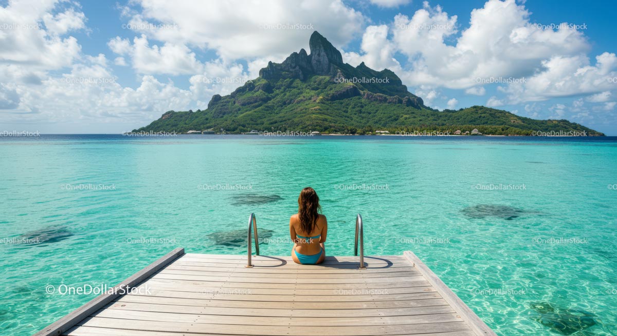 Woman Relaxing on Tropical Island Dock with Mountain View