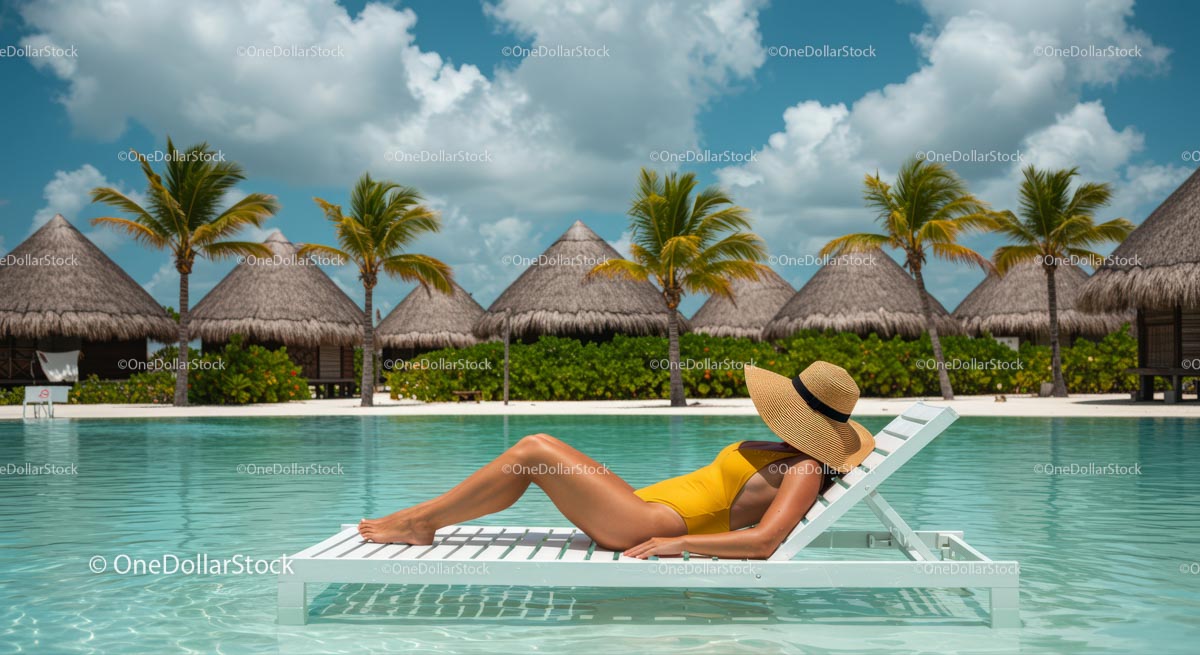Woman Relaxing by Pool in Tropical Beach Resort