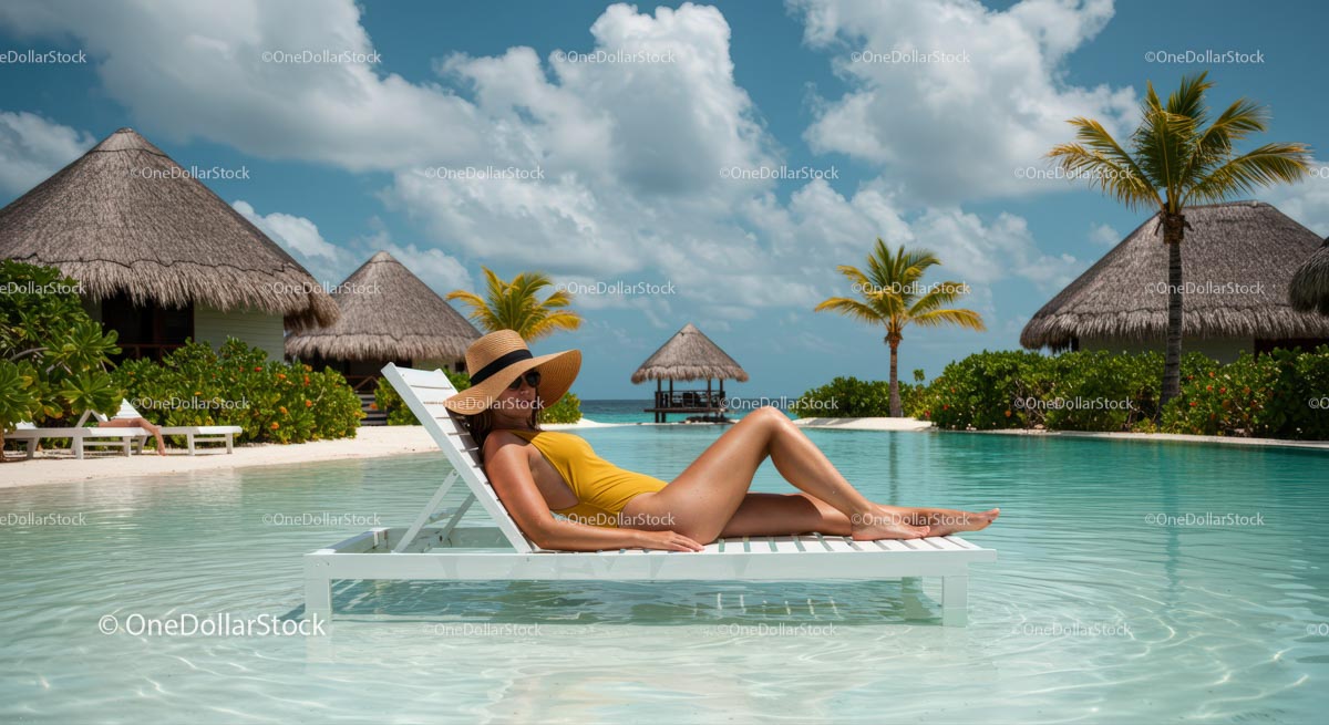 Woman Relaxing Poolside at Tropical Beach Resort