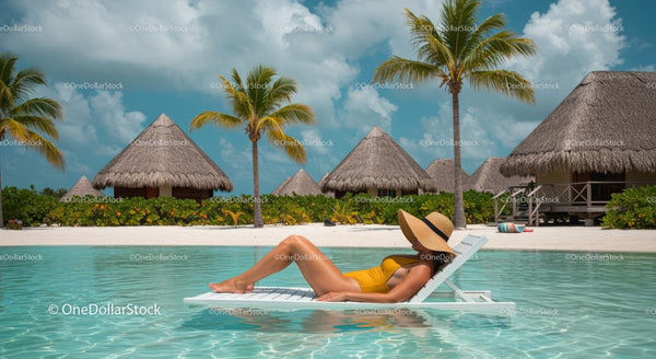 Woman Relaxing by Tropical Beach Resort with Palm Trees