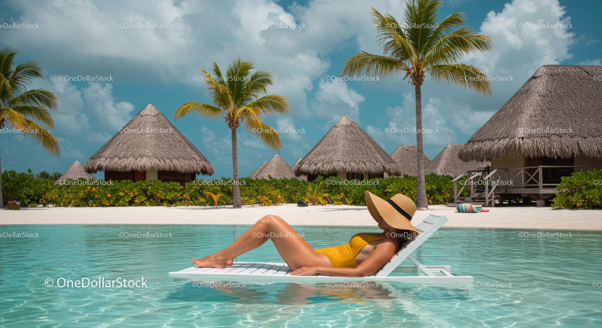 Woman Relaxing Poolside at Tropical Beach Resort